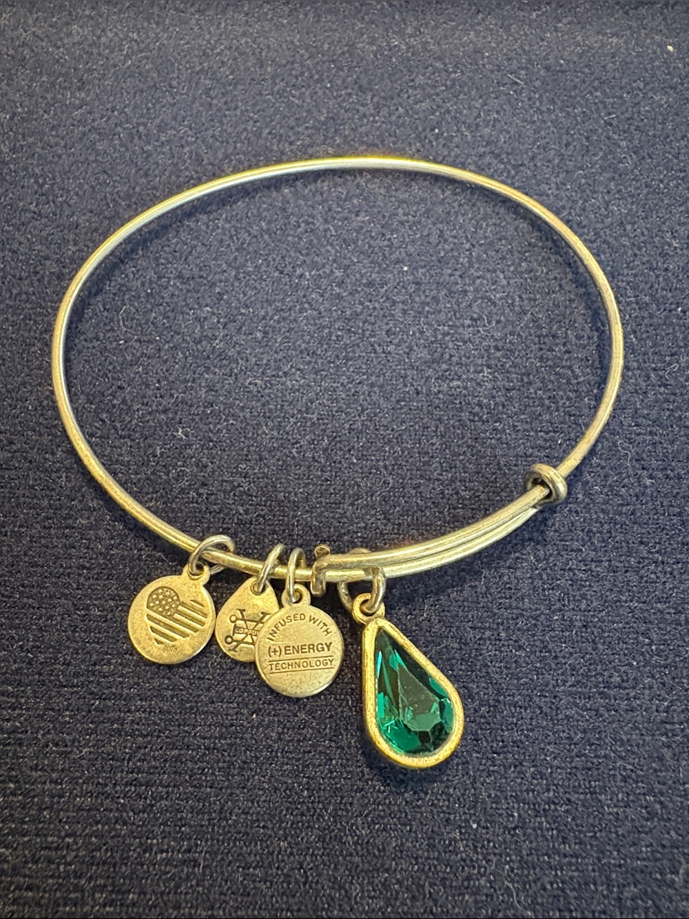 Alex and Ani Silver-Tone Bangle with Emerald Teardrop Charm